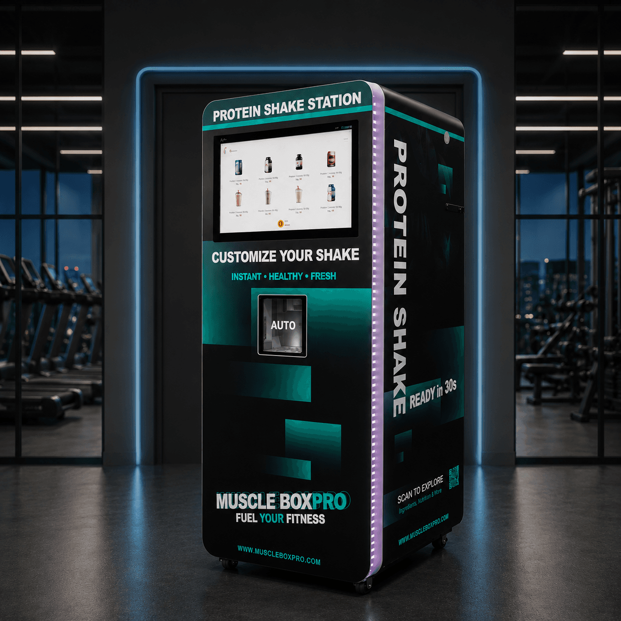 A MuscleBoxPro protein shake vending machine installed in a modern gym