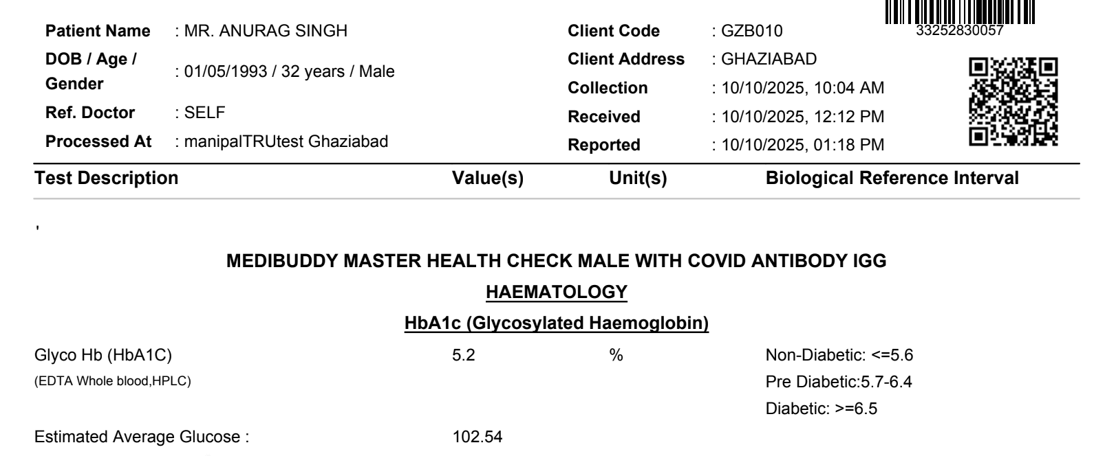HbA1C blood test report dated 10 Oct 2025