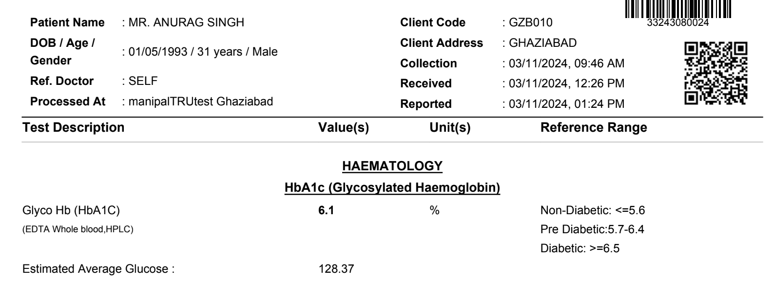 HbA1C blood test report dated 3 Nov 2024