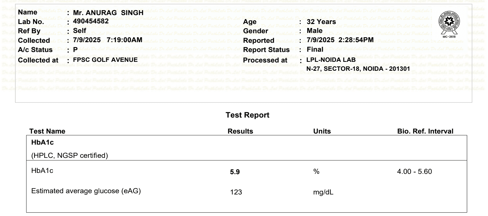 HbA1C blood test report dated 9 Jul 2025