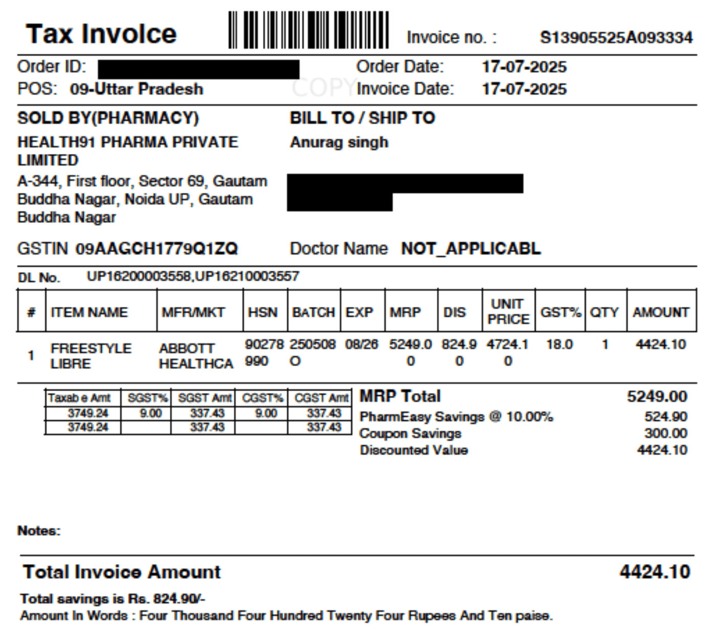 FreeStyle LibreSensor purchase invoice from PharmEasy