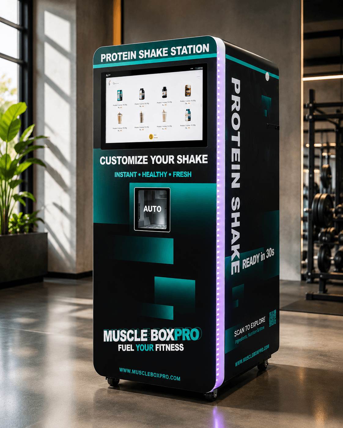 A MuscleBoxPro MBP-1 protein shake machine installed against the wall of a modern gym, members training behind it