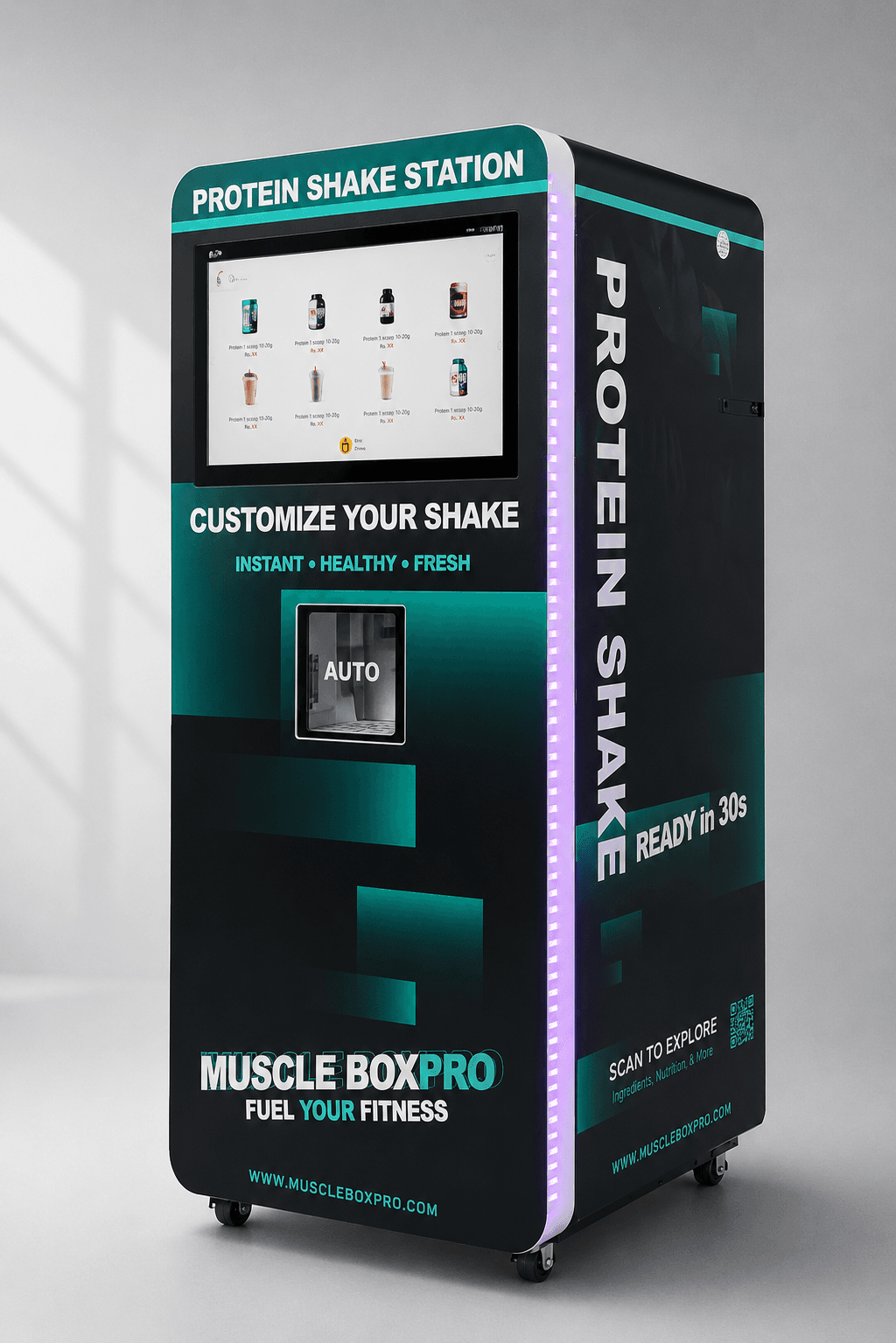 The MuscleBoxPro MBP-1 protein shake vending machine, with a 27-inch touchscreen and a cup in the dispenser
