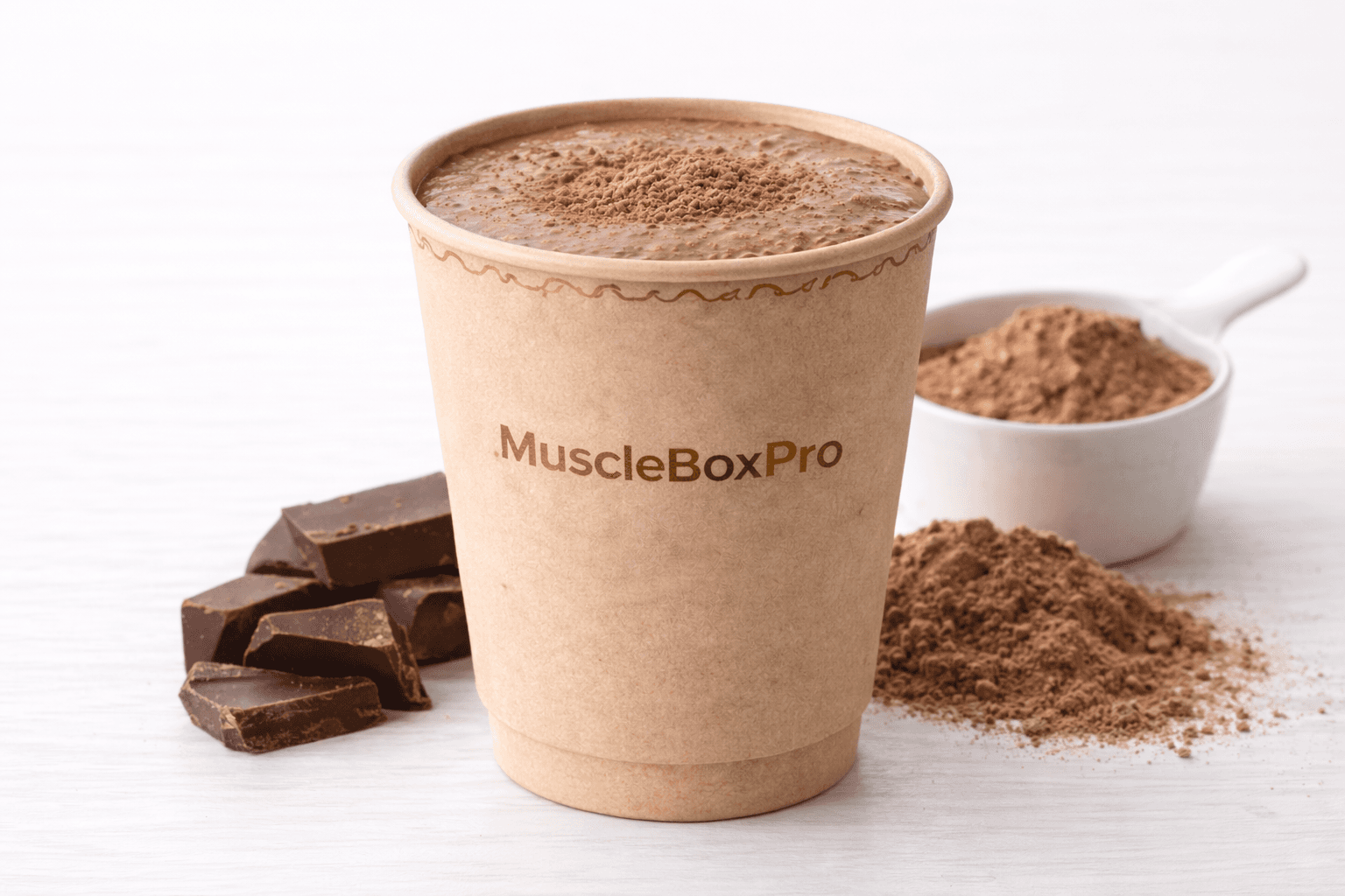 A MuscleBoxPro chocolate protein shake